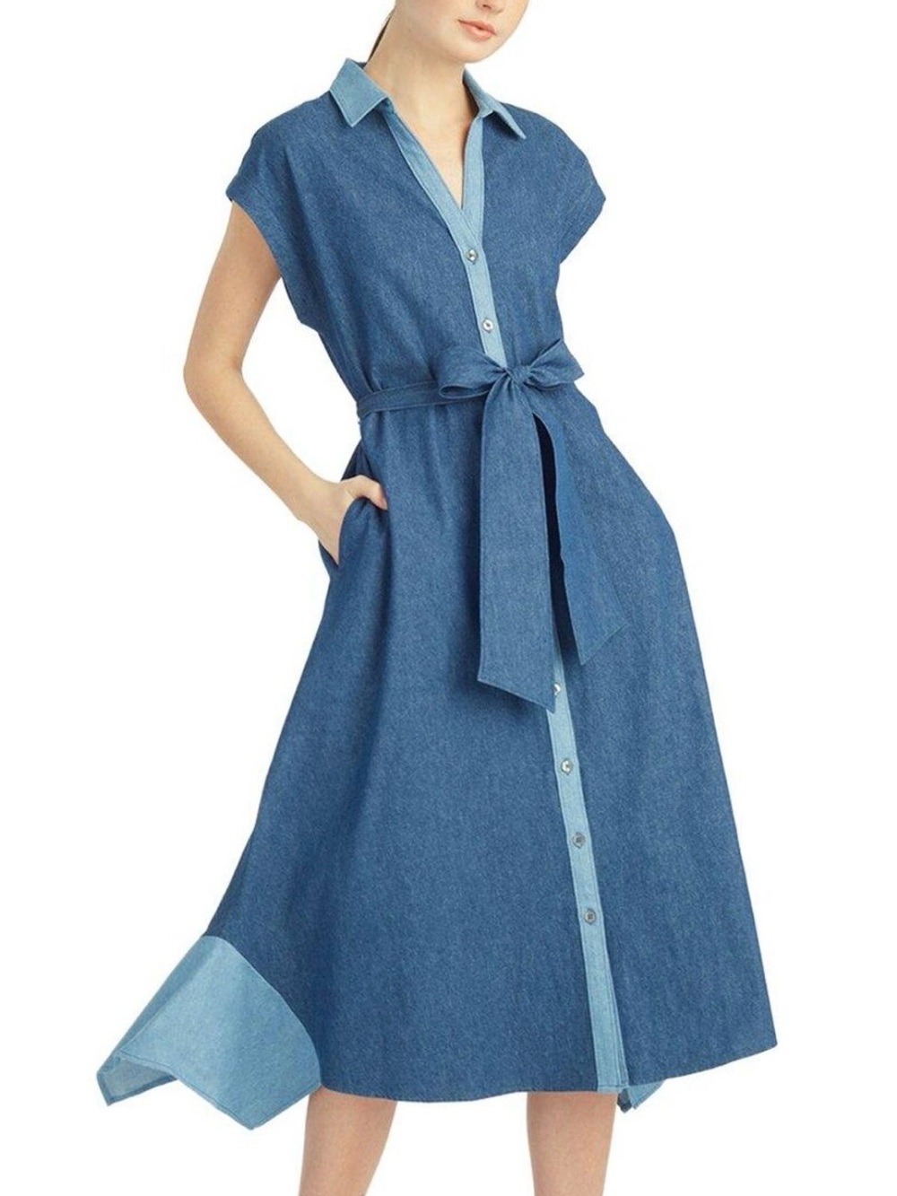 Draper James Mila Chambray Midi Shirt Dress with Tie Waist